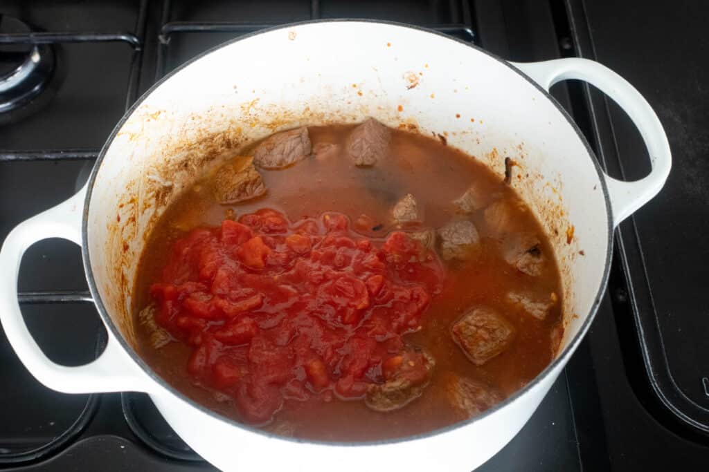 Stewed beef with paprika garlic and tomato beef stock