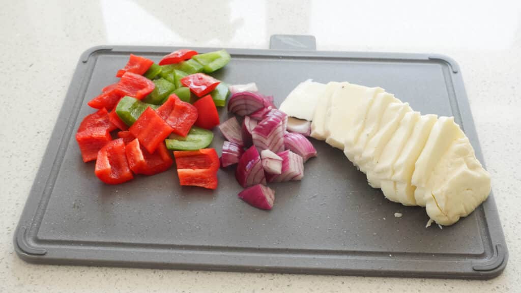 prepared halloumi, onions and peppers