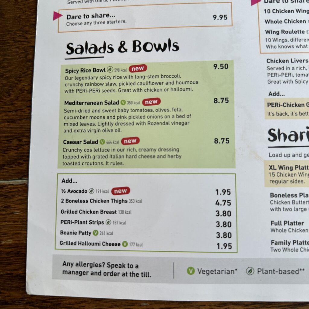 Nandos new menu items salads and bowls