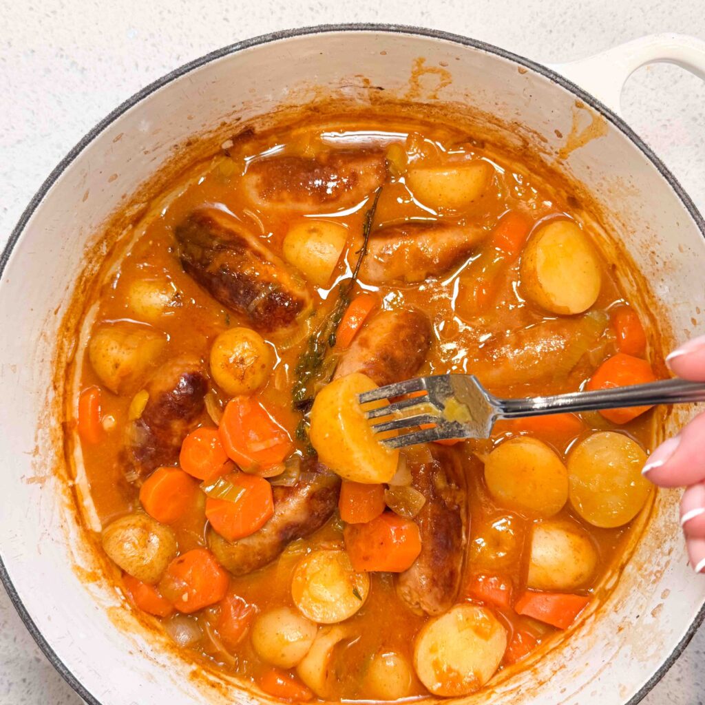 fork tender potatoes in sausage leek casserole