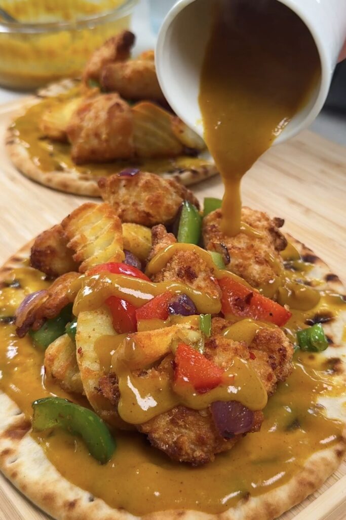Curry sauce being spooned onto a flatbread topped with salt and pepper chicken, chips and peppers