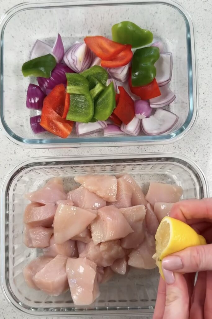 Cut the chicken and vegetables into bite-sized pieces