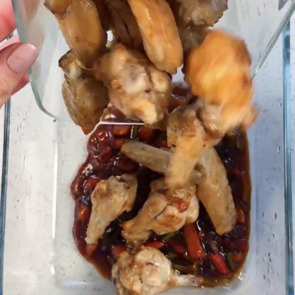 Chicken into the sticky sauce