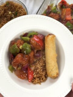 chilli chicken, egg fried rice, spring rolls