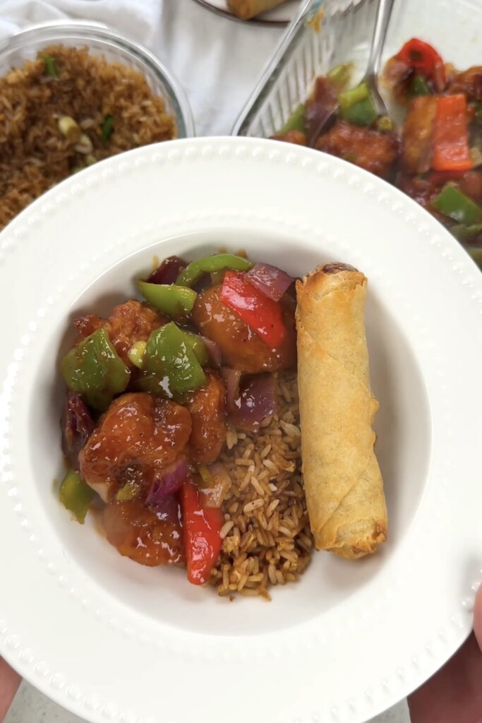 chilli chicken, egg fried rice, spring rolls